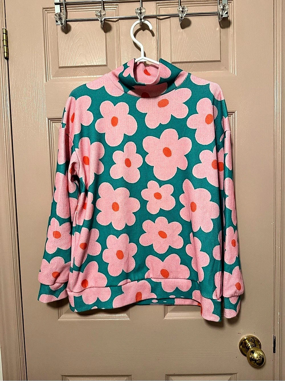 Floral Mock Neck Top in Green & Pink Size Medium